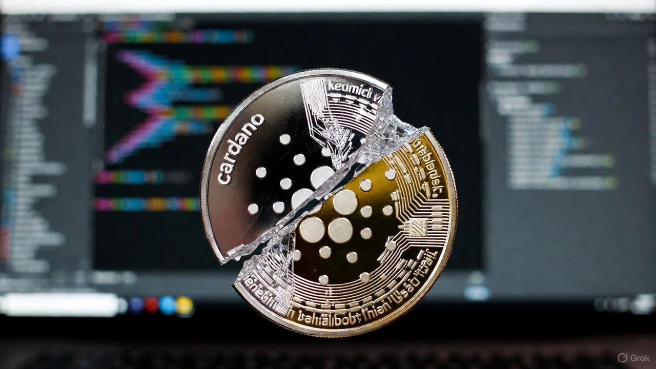 Gráfico de caída de precio de criptomoneda ADA con logo de Cardano en segundo plano