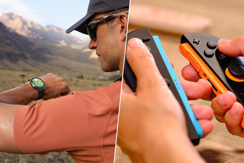 Close-up of various tech gadgets like a smartphone, a game console, and a smartwatch arranged neatly on a clean surface, with soft studio lighting.