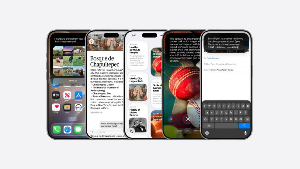 Imagen conceptual de un iPhone mostrando una interfaz futurista de Siri con elementos de inteligencia artificial integrados.