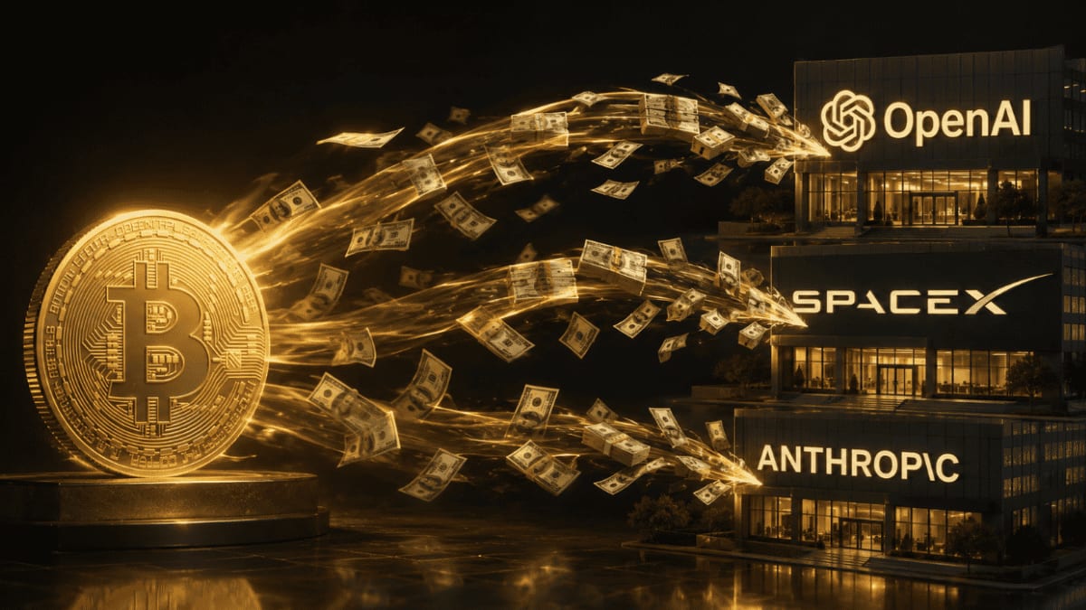 Gráfico abstracto mostrando flujos de dinero saliendo de un símbolo de Bitcoin hacia representaciones de ofertas públicas iniciales.