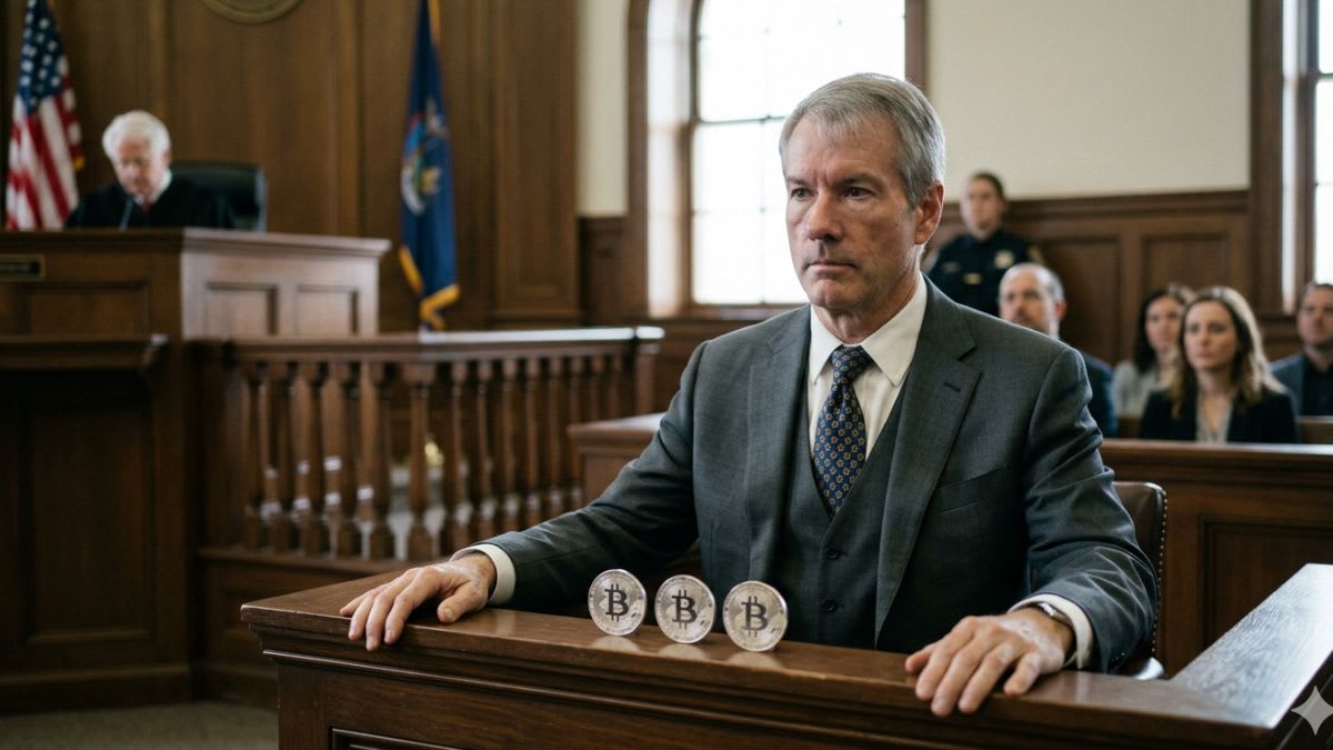 Michael Saylor on a courtroom bench, looking thoughtful, with abstract Bitcoin graphics in the background.