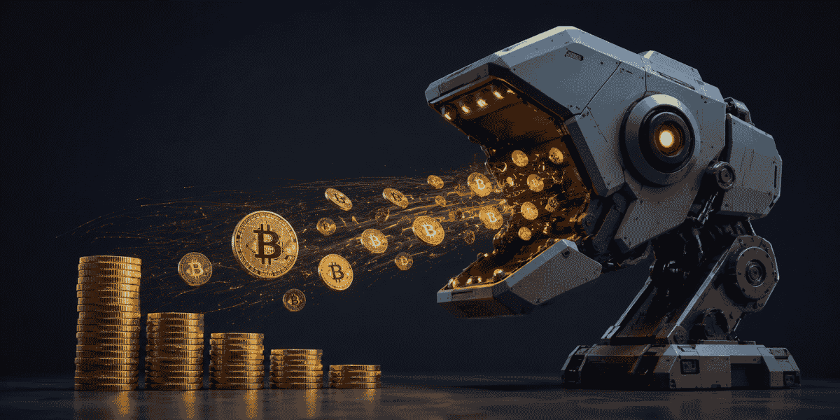 Gráfico abstracto que representa la interconexión de redes neuronales y cadenas de bloques de Bitcoin, con un fondo de datos financieros difuminados.