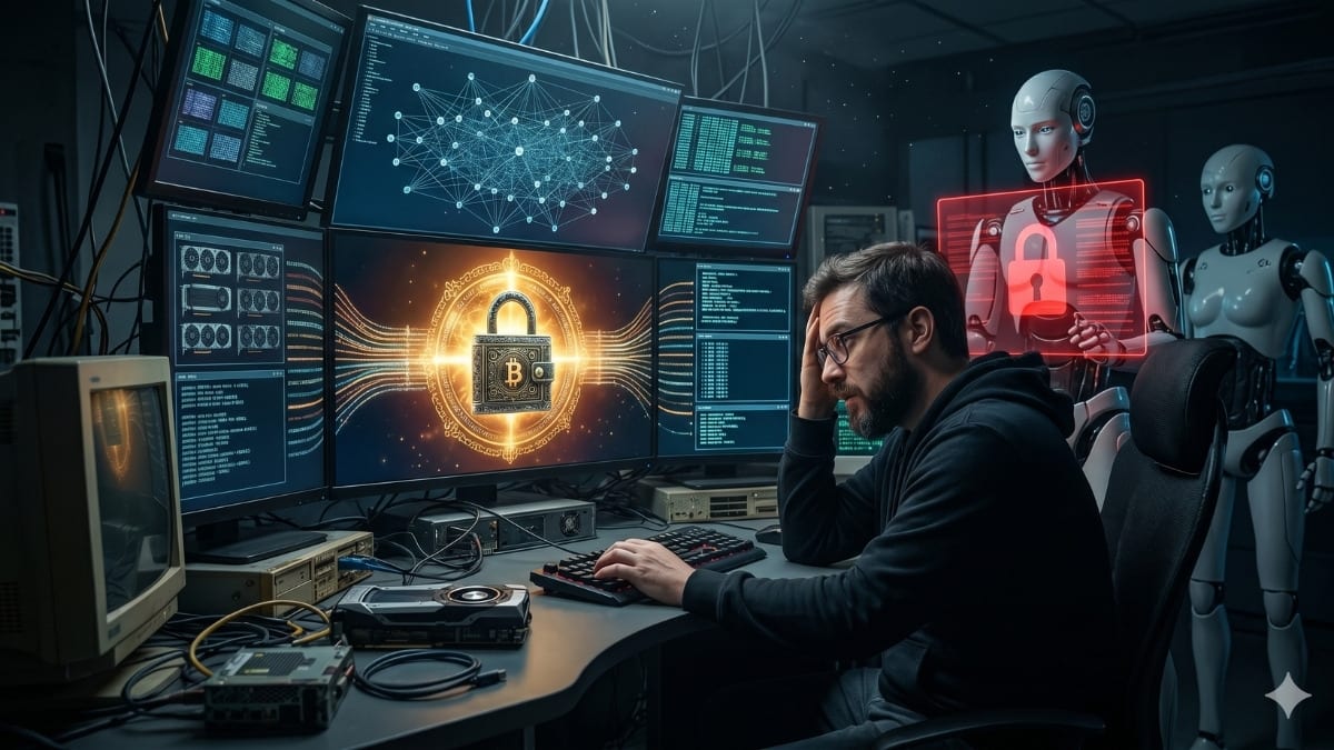 Una imagen conceptual de un candado digital sobre un fondo abstracto de código binario, representando la seguridad y el misterio de las contraseñas de criptomonedas.