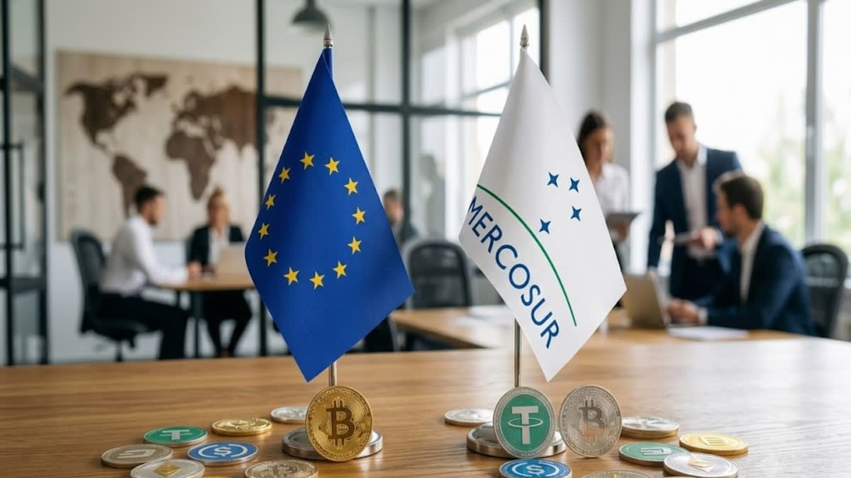 Imagen conceptual de una red global conectando Europa y Latinoamérica, con elementos de tecnología financiera y criptomonedas.