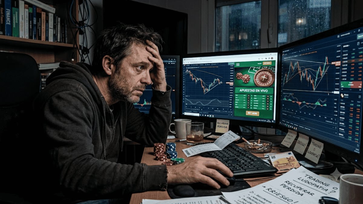 Un trader joven con expresión de preocupación mirando gráficos de criptomonedas en múltiples pantallas, con un montón de fichas de casino esparcidas sobre el escritorio.