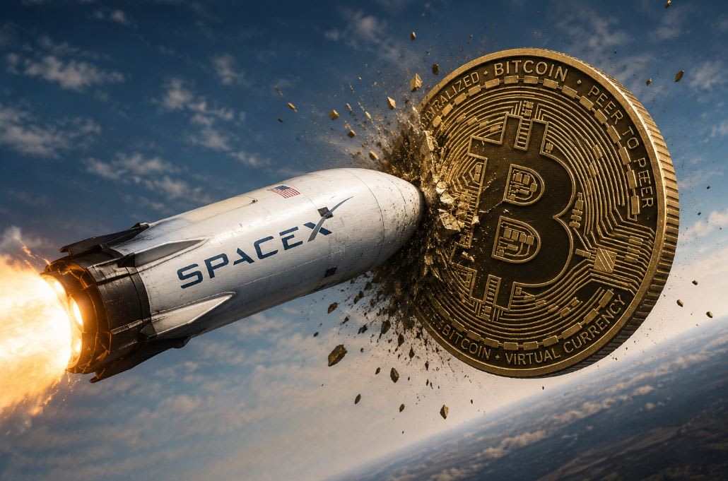 Gráfico abstracto de velas de Bitcoin cayendo con el logo de SpaceX desenfocado al fondo.