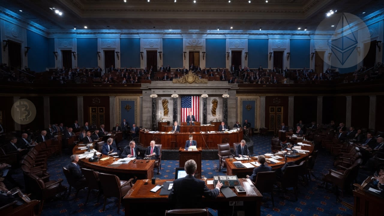 Legisladores discutiendo en una sala del senado de EE. UU. con gráficos abstractos de criptomonedas flotando alrededor.
