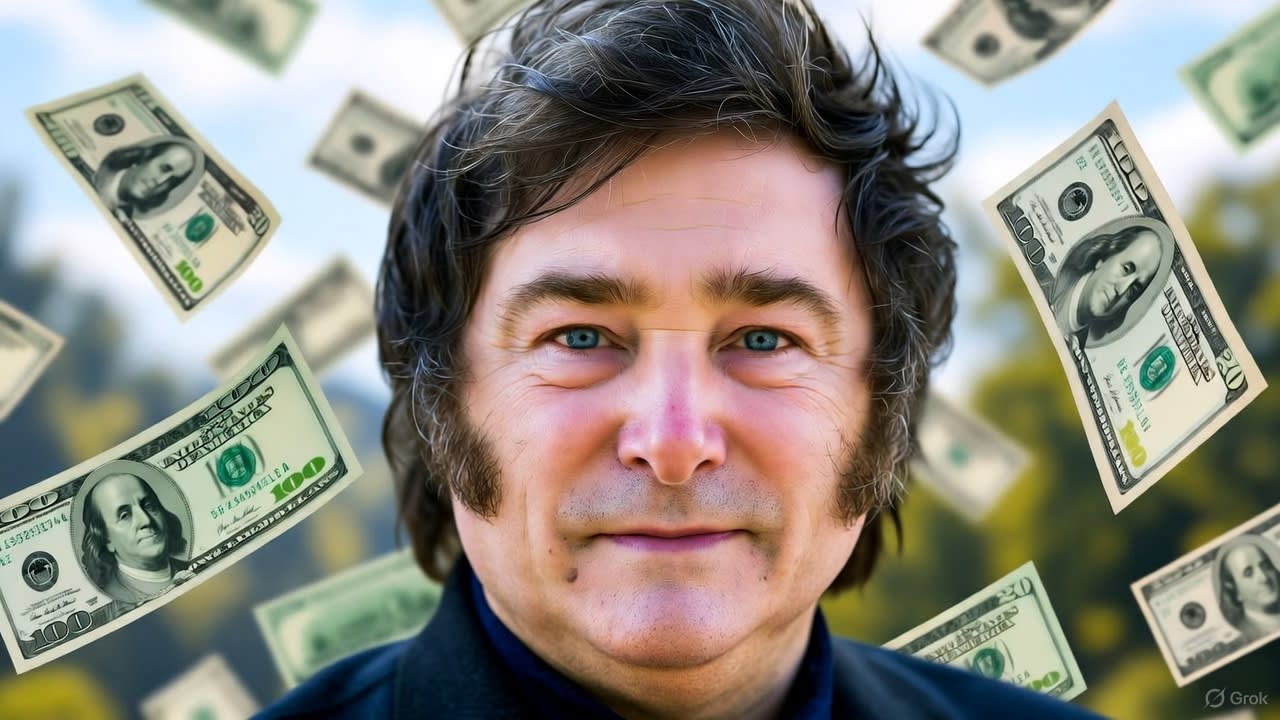 Presidente argentino Javier Milei en un entorno futurista con hologramas de inteligencia artificial y símbolos de corporaciones digitales.