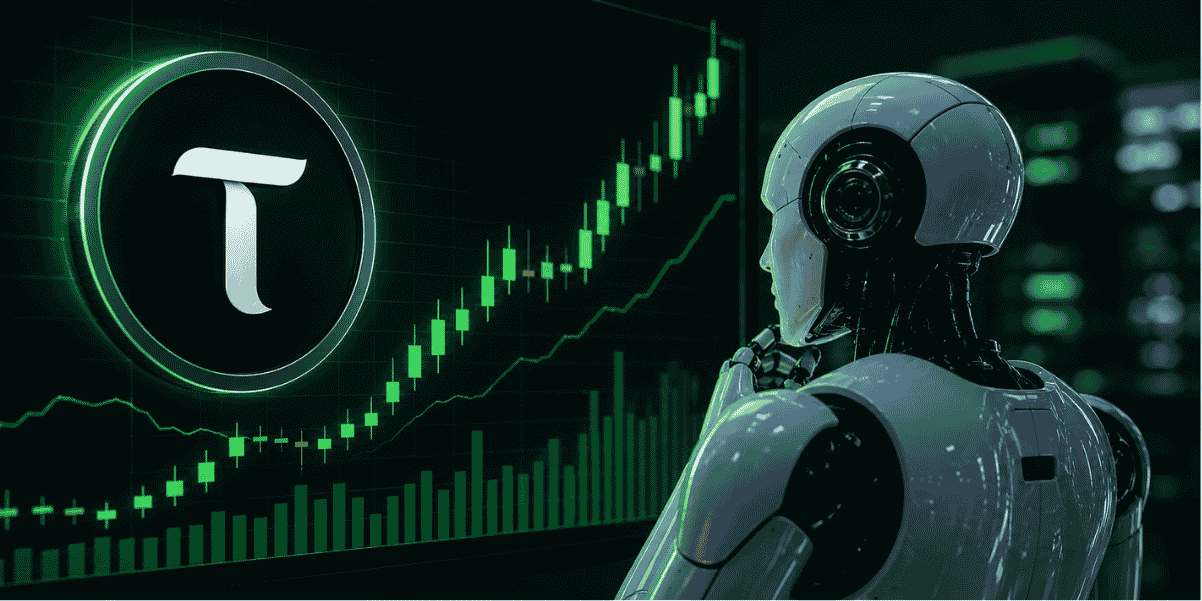 Gráfico bursátil de Bittensor (TAO) mostrando un pico ascendente, simbolizando el crecimiento económico en el sector de la inteligencia artificial descentralizada, con un fondo abstracto de código binario y nodos de red interconectados.