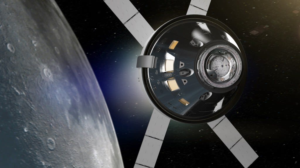 Representación artística del módulo lunar Starship de SpaceX acoplándose a la nave Orión de la NASA en órbita lunar.