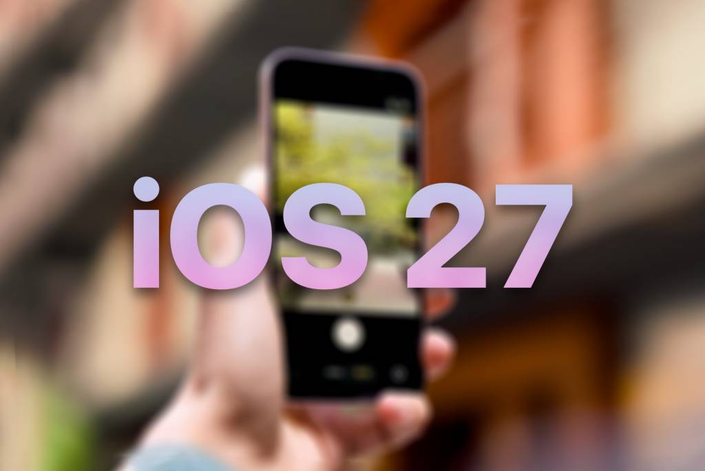 Un iPhone moderno mostrando la interfaz de iOS 27 con elementos de inteligencia artificial y gráficos abstractos de tecnología.