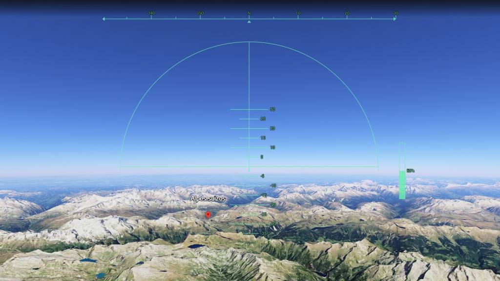 Captura de pantalla del simulador de vuelo de Google Earth en un navegador web mostrando un avión sobrevolando una ciudad conocida.