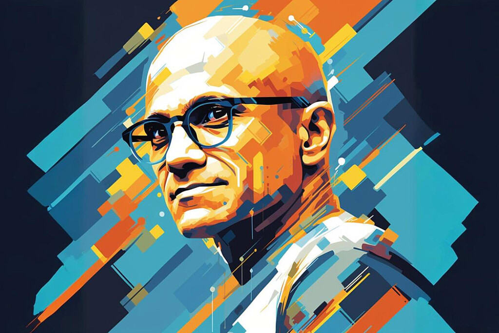 Satya Nadella presenting a futuristic business model concept with interconnected digital elements representing AI and data.