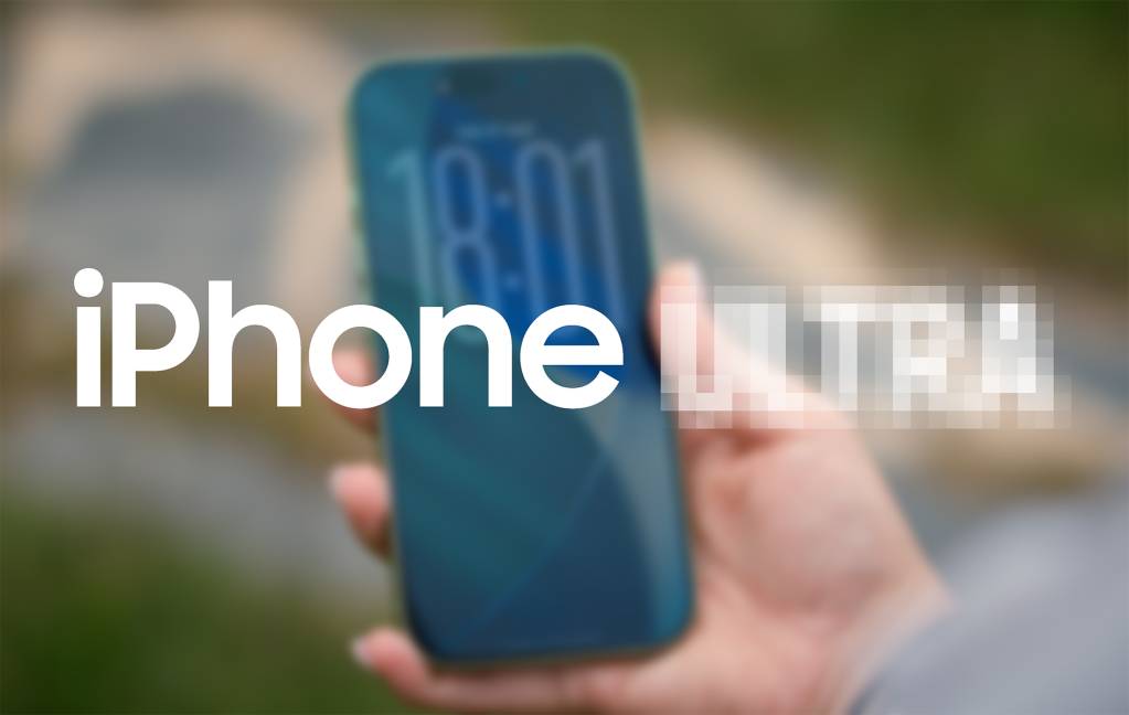 Representación conceptual de un smartphone Apple con pantalla plegable doblada y desplegada, sobre un fondo neutro y moderno.