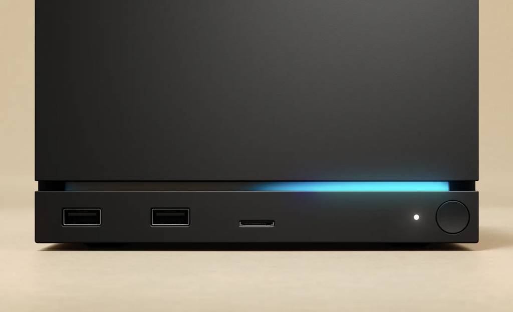 Imagen conceptual de la Steam Machine junto a un mando de Steam y una televisión mostrando la interfaz de SteamOS.