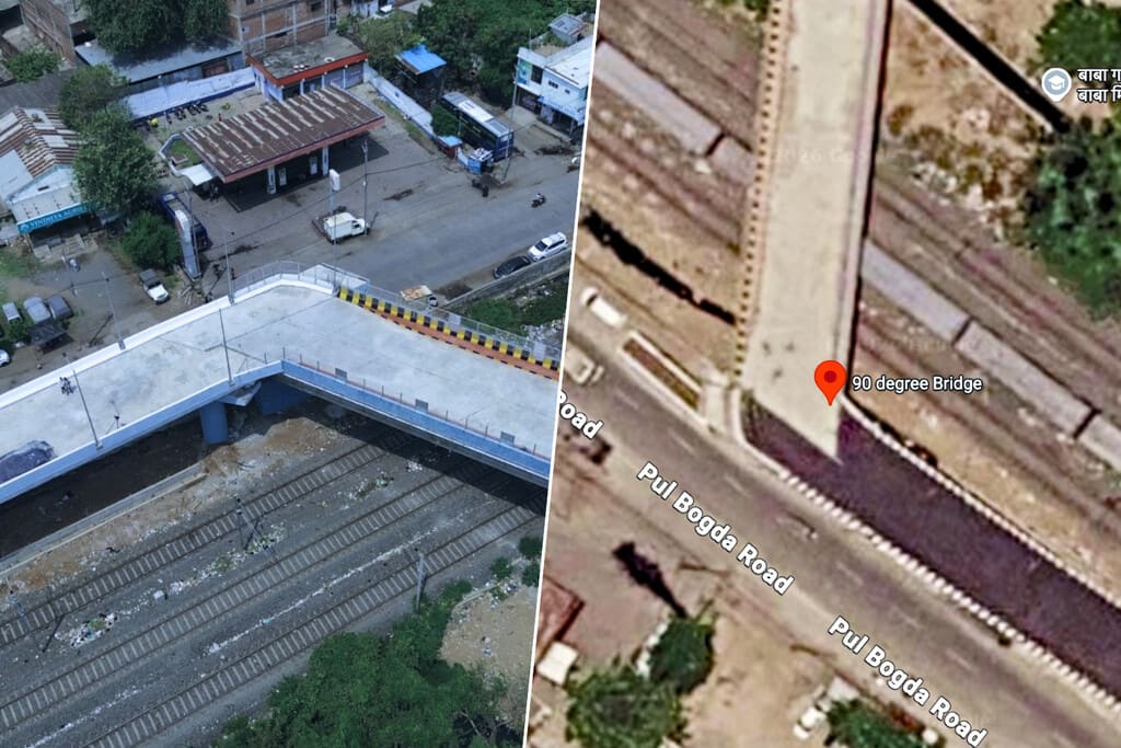 Un puente con una curva pronunciada e impracticable, visto desde arriba.