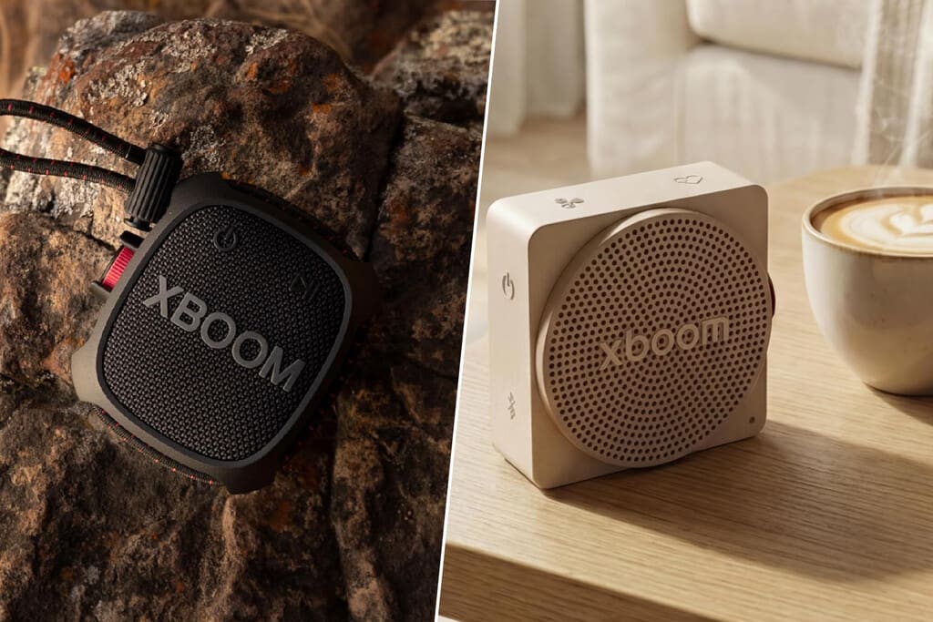 Altavoz LG Xboom Rock en un entorno natural al aire libre, mostrando su resistencia.