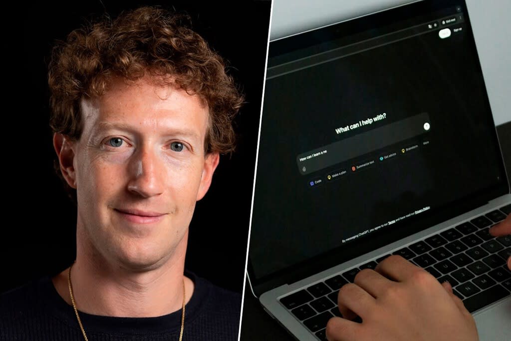 Mark Zuckerberg en una sala de servidores, pensativo, rodeado de pantallas que muestran código y gráficos de IA.