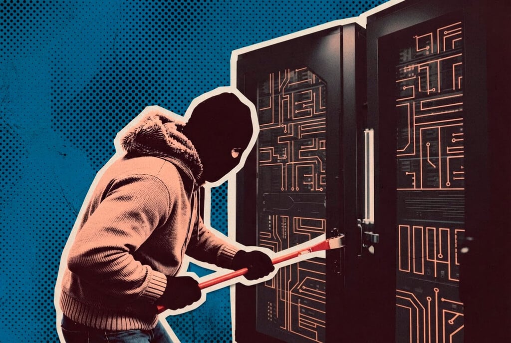 Un camión de carga vacío siendo inspeccionado por personal de seguridad dentro de un almacén industrial oscuro y cavernoso.