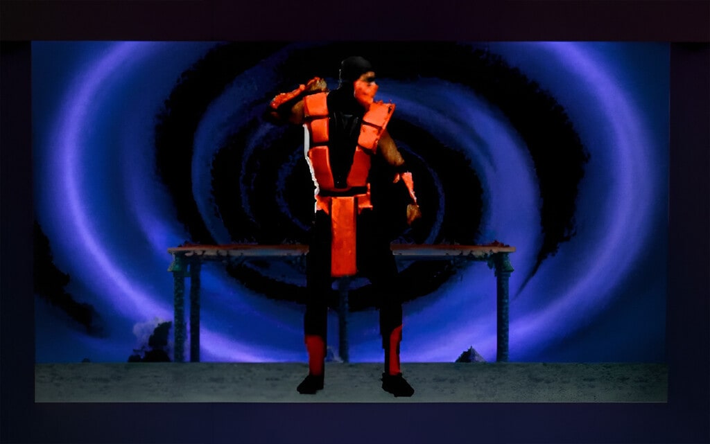 Un guerrero ninja con vestimenta roja, con un aura mística a su alrededor, listo para el combate.