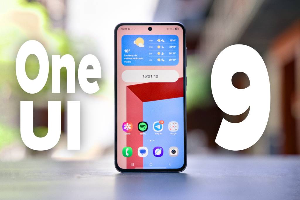 Un smartphone Samsung Galaxy moderno mostrando una interfaz de usuario futurista y limpia con el logo de Android y One UI.