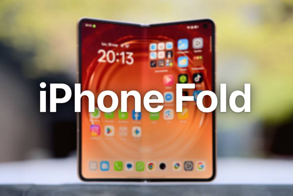 Un iPhone plegable en estado cerrado, mostrando un diseño elegante y moderno con el logo de Apple en relieve.