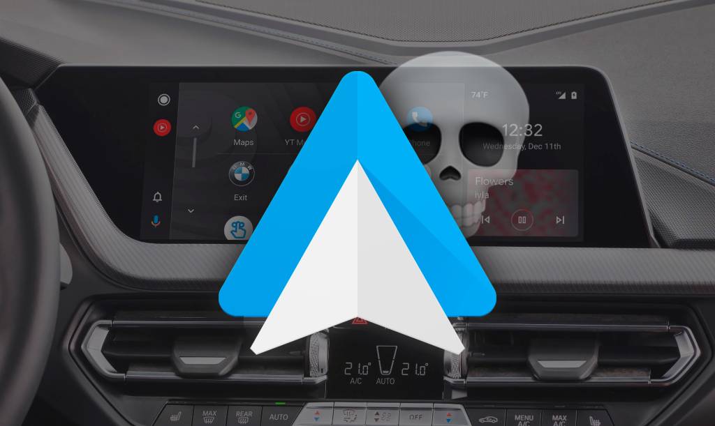 Interfaz de Android Auto mostrando un mensaje de error en pantalla mientras se intenta reproducir música.