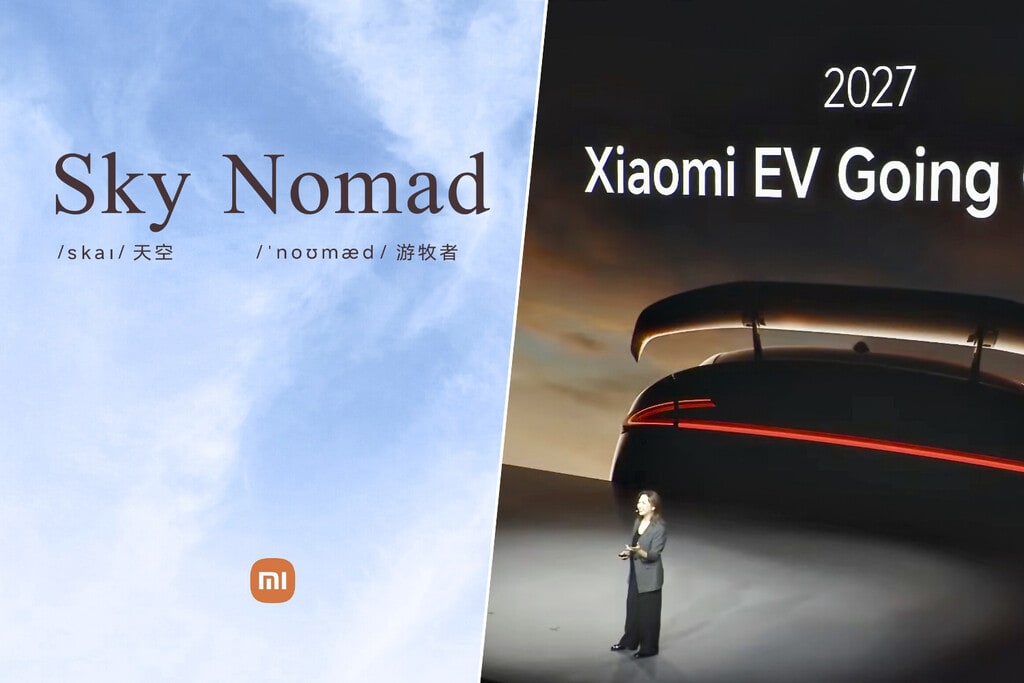 Un moderno SUV eléctrico Xiaomi SkyNomad con interiores configurables y espaciosos, destacando su tecnología avanzada y diseño futurista, aparcado en un entorno urbano elegante.