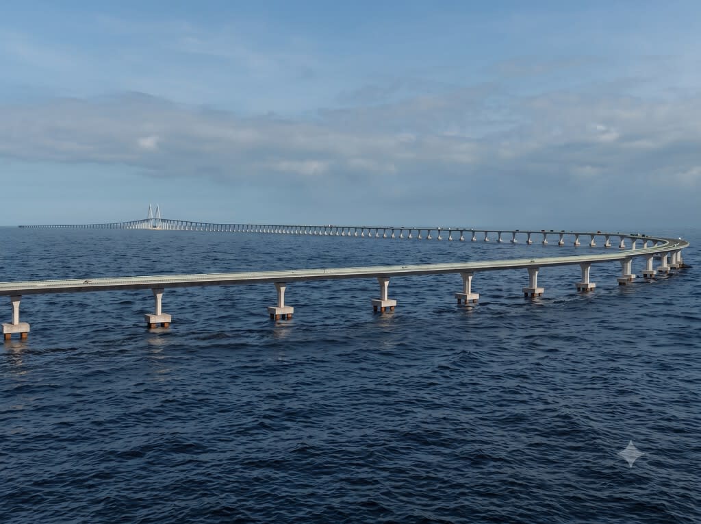 Vista aérea de la construcción de un puente masivo sobre el mar, con grúas y barcos trabajando en el agua.