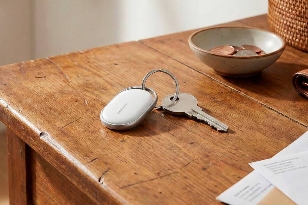 A collection of various object trackers and keychains laid out on a clean, modern desk surface.