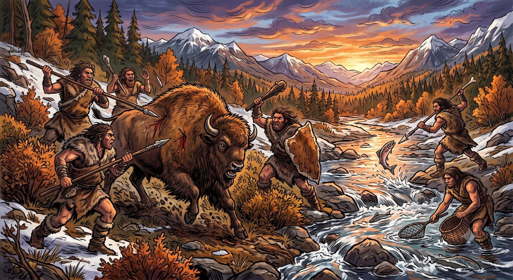 Representación artística de cazadores-recolectores prehistóricos interactuando y compartiendo herramientas de obsidiana en un paisaje montañoso.