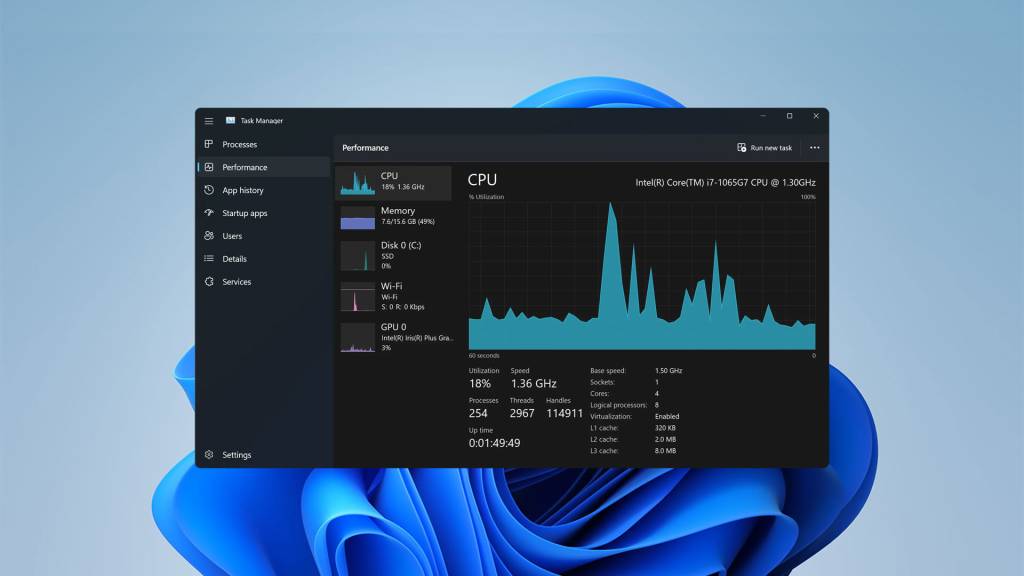 Una representación abstracta de inteligencia artificial analizando datos de rendimiento de un ordenador con Windows 11.