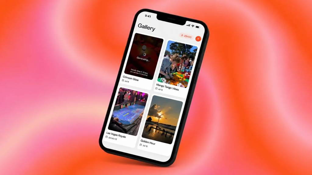 Interfaz de la aplicación Reelful en un iPhone, mostrando la transformación de fotos en un vídeo dinámico para redes sociales.