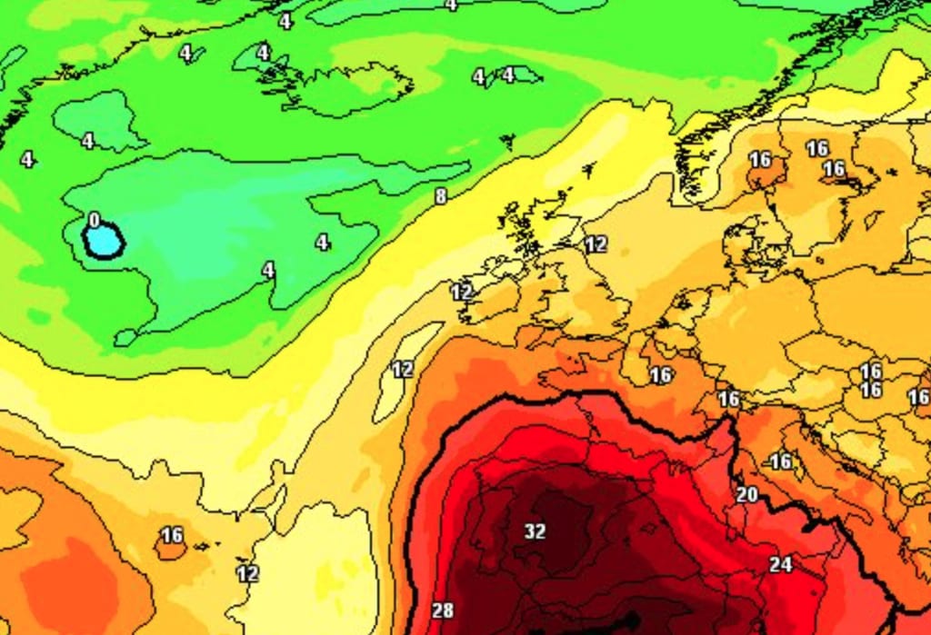 Representación abstracta de datos climáticos y temperaturas extremas sobre un mapa de España.
