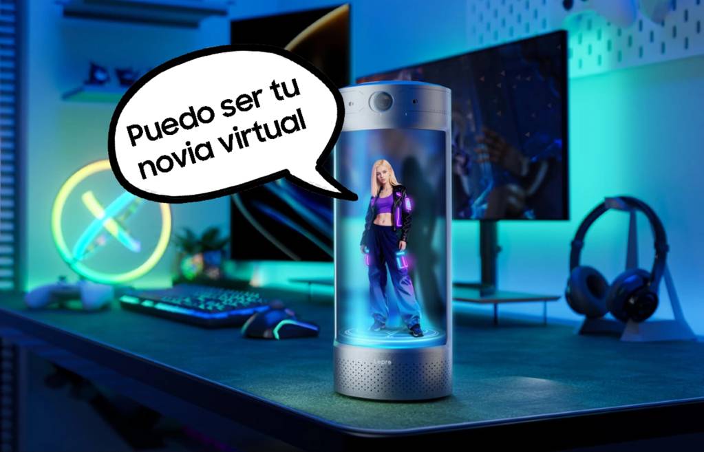 A digital illustration of a person interacting with a holographic AI girlfriend, representing the theme of artificial intelligence in relationships.