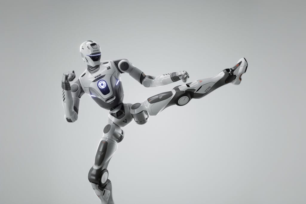 Robot humanoide en pose de combate en un ring, con efectos visuales de movimiento y energía.