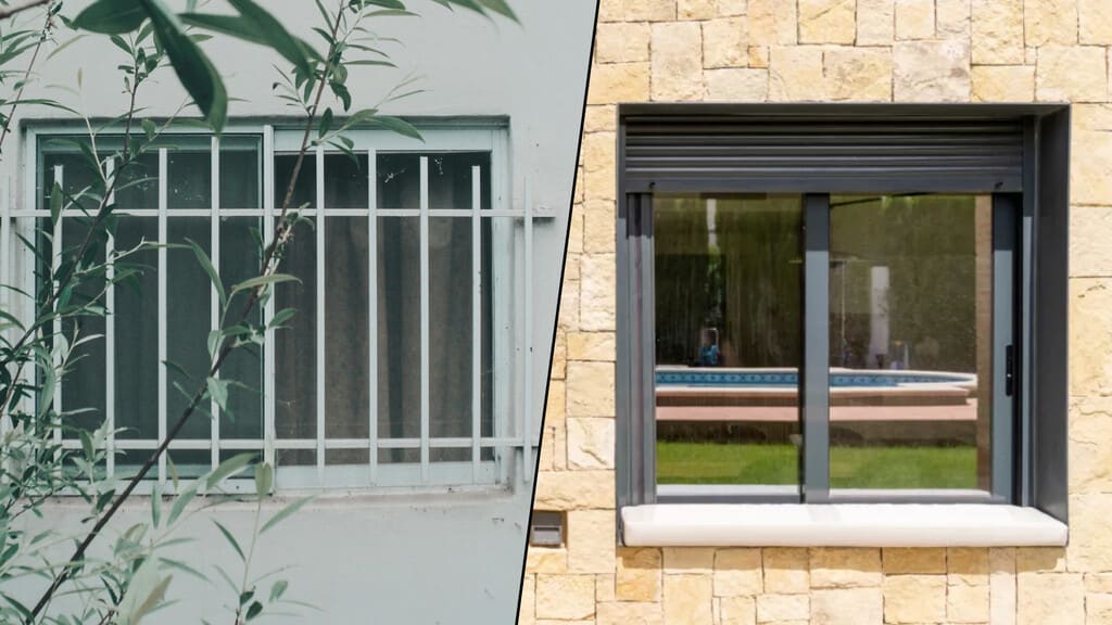 Ventana moderna con vidrio laminado de seguridad, mostrando una fachada elegante y segura.