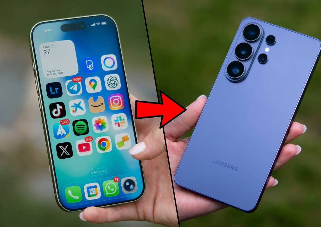 Persona realizando una transición fluida de datos entre un iPhone y un smartphone Android.