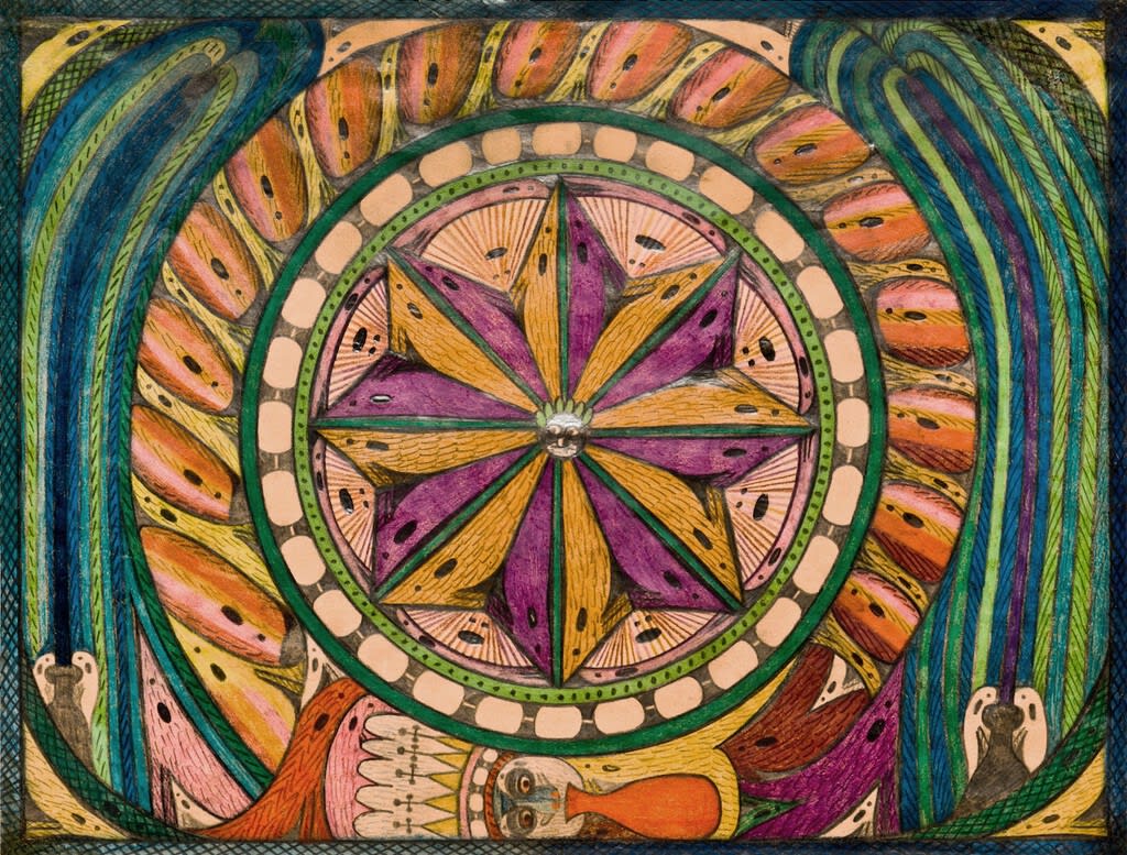 Retrato de Adolf Wölfli en su celda de manicomio rodeado de sus obras.