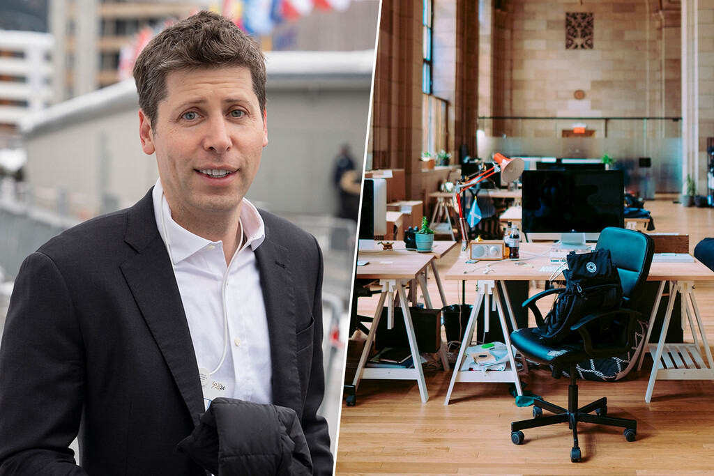 Sam Altman speaking at a conference, with AI-themed graphics in the background.