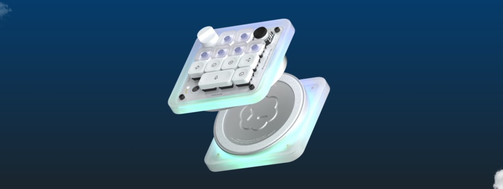 Un teclado mecánico de alta gama con iluminación RGB y un dial giratorio, sobre un escritorio de oficina moderno, simbolizando la integración de hardware y la inteligencia artificial.