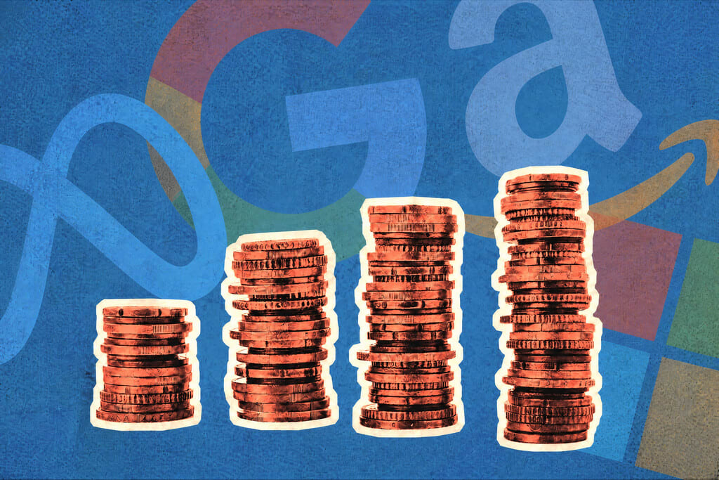 Un gráfico abstracto que representa un flujo de dinero masivo y disperso hacia el centro, con una pequeña cantidad de monedas cayendo de un costado, simbolizando la inversión en IA y la disminución del flujo de caja.