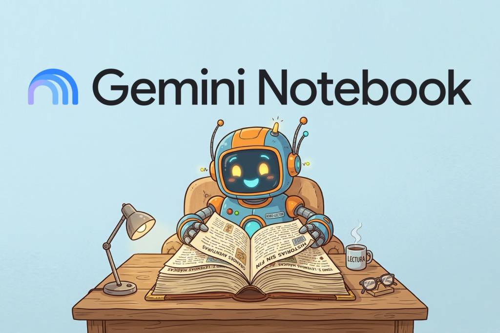 Un libro digital ePub abierto en una pantalla de ordenador, con iconos de inteligencia artificial flotando alrededor y líneas de código de fondo.