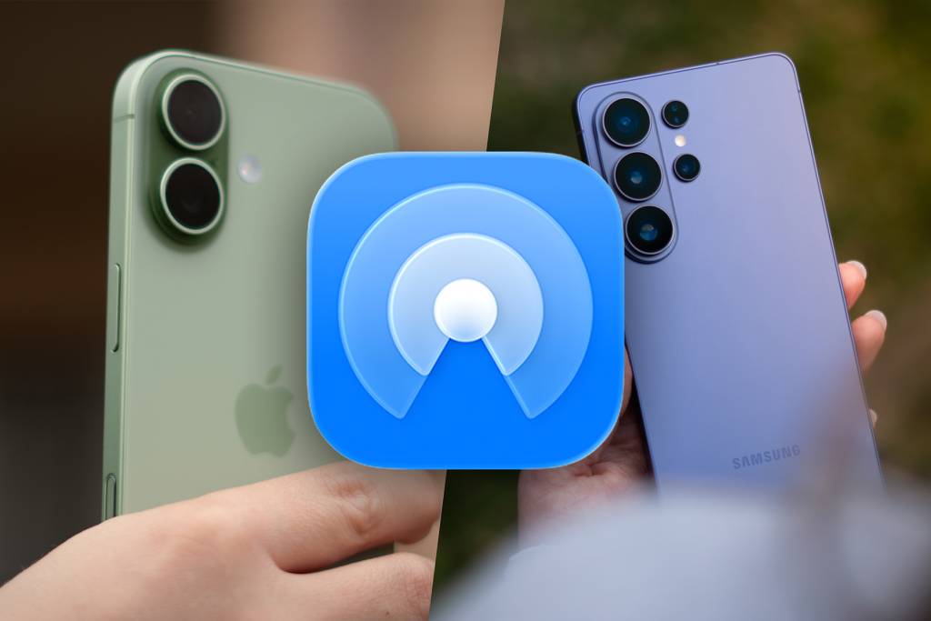 Representación abstracta de la transferencia de datos entre dispositivos móviles Android, con elementos que evocan la velocidad y la conexión inalámbrica.