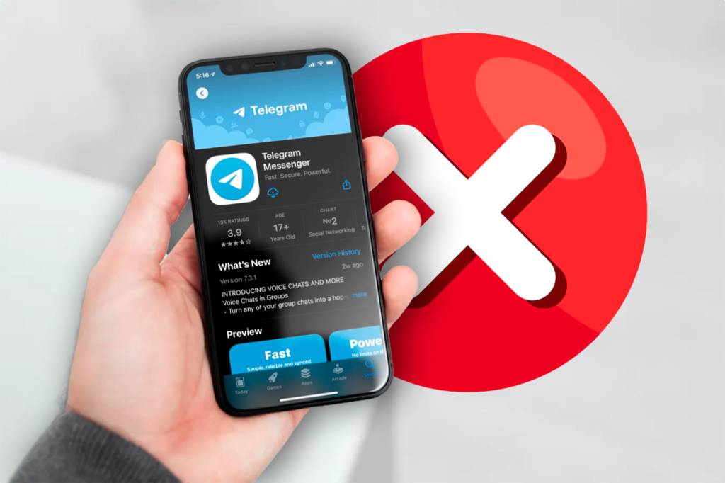 Un iPhone mostrando la interfaz de Telegram rodeado de un halo de desaparición, con el logo de Apple en el fondo de forma sutil.