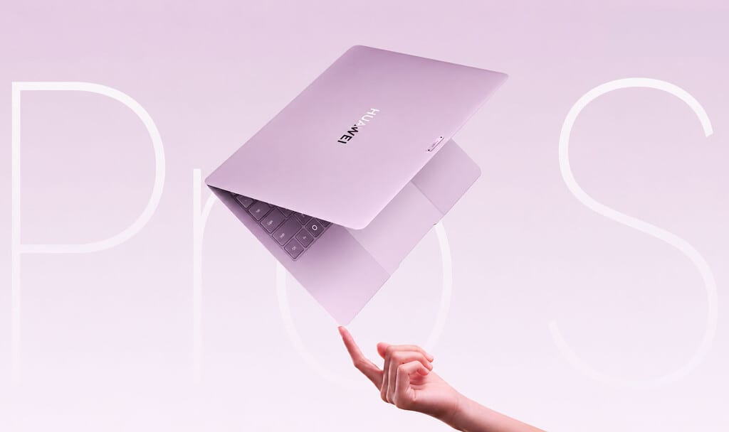 Huawei MateBook Pro S con pantalla OLED desplegada, mostrando una interfaz moderna y limpia sobre un fondo tecnológico abstracto.