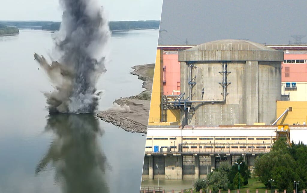 Vista aérea de una central nuclear rodeada por un paisaje seco y un río con bajo nivel de agua