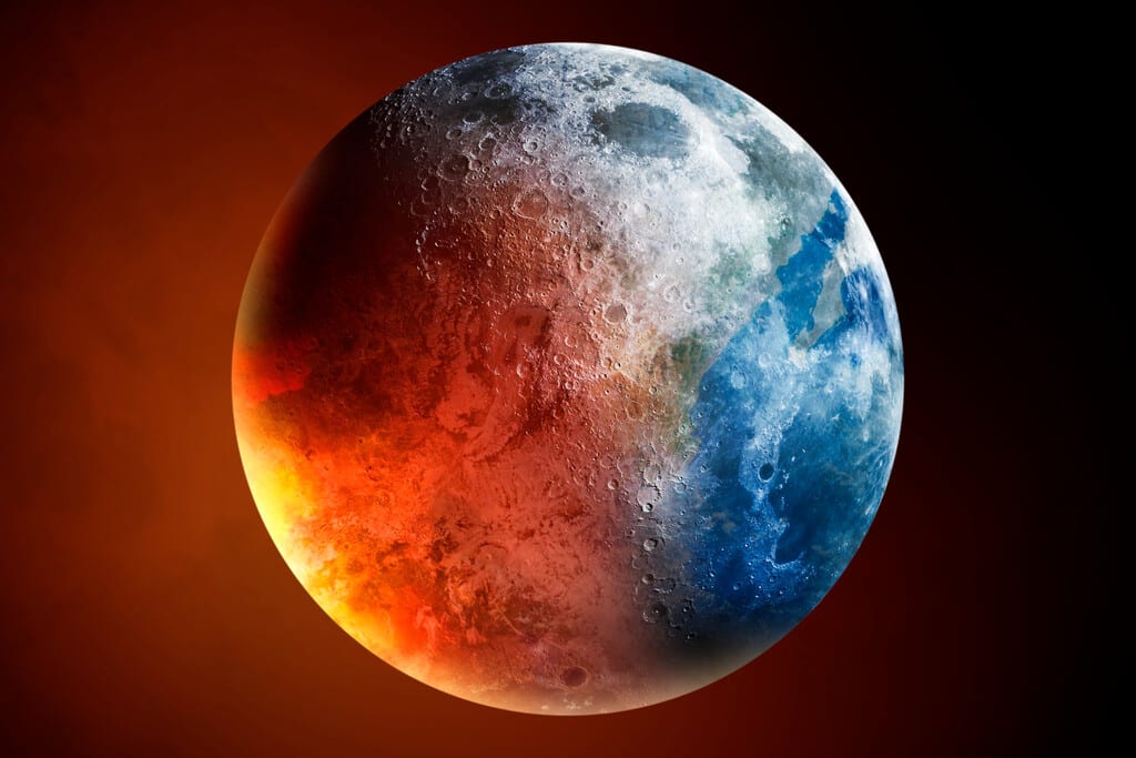 Una representación artística del Sol expandiéndose y engullendo planetas interiores, con un escudo de energía o una nave espacial distante.