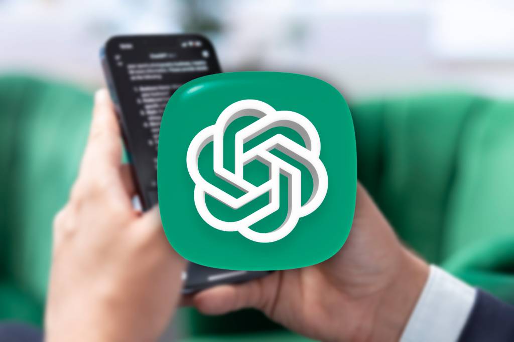 Un smartphone mostrando una interfaz de reserva de restaurante con el logo de ChatGPT en segundo plano.