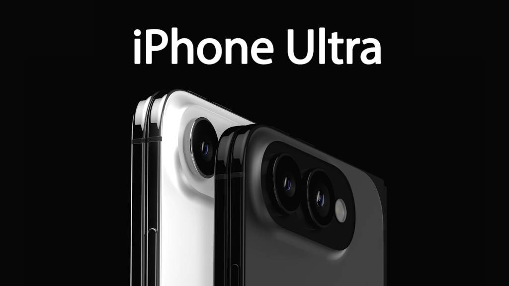 Un iPhone plegable de Apple con un diseño futurista y elegante, mostrando su pantalla desplegada.